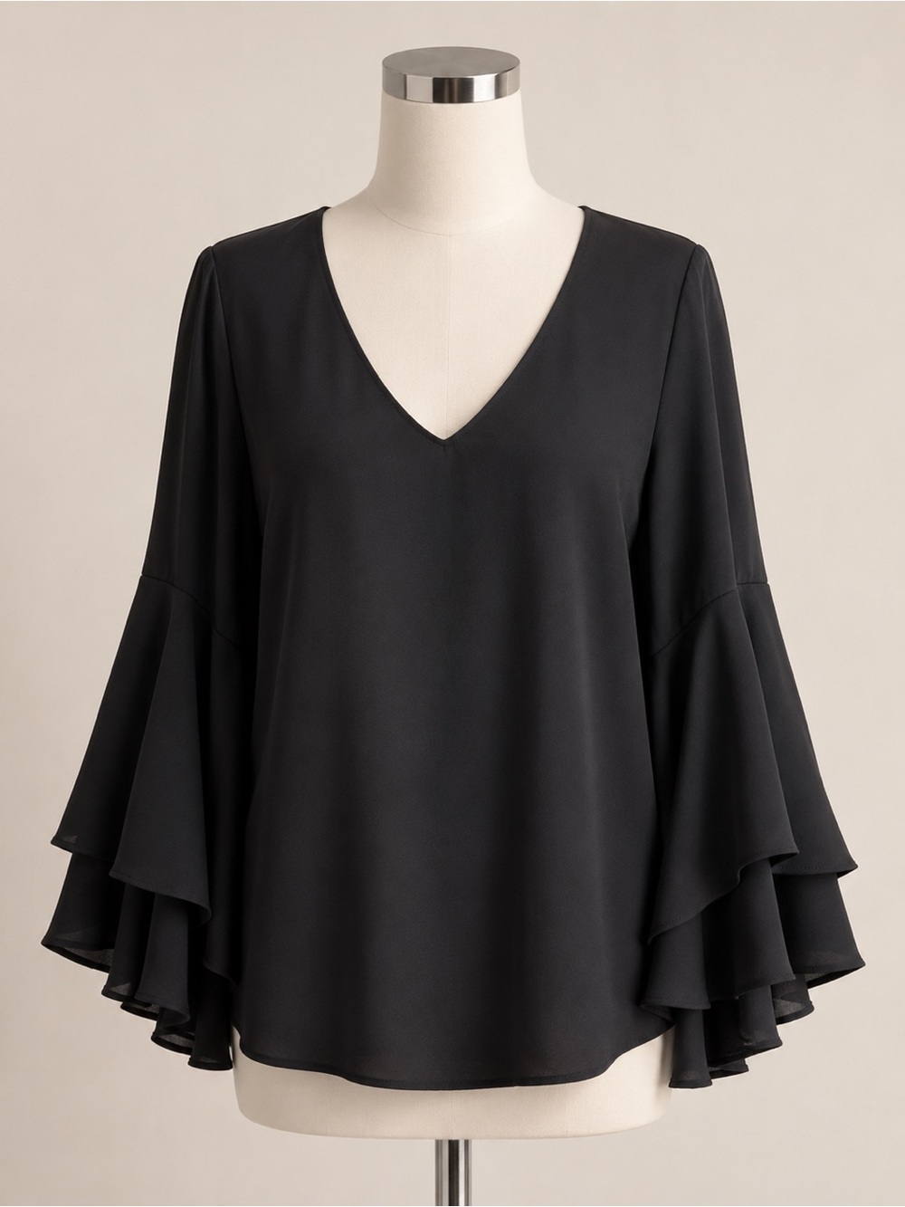 Black V-Neck Ruffle Sleeve Women's Top